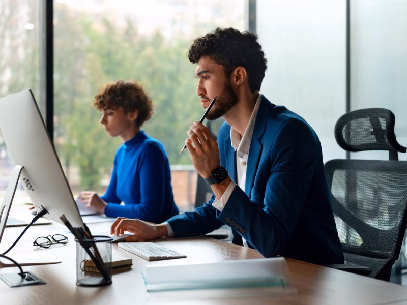 men thinking about the idea for his project